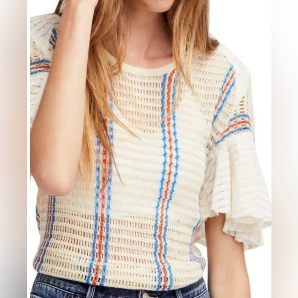 Free People Crochet Knit Ruffle Sleeve Striped Top Ivory Blue Orange XS